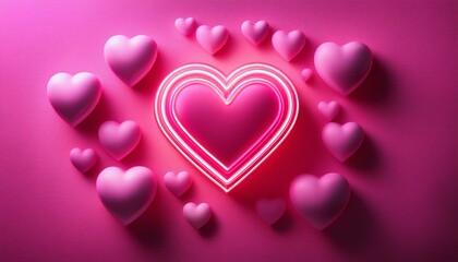 neon heart glowing amid smaller hearts against pink backdrop