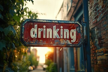 Old rusted street sign with bold white "drinking" text hanging in an urban setting with brick walls, plants, and golden sunset in the background