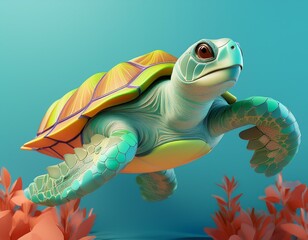 world oceans day landing page template with turtle 3d rendering