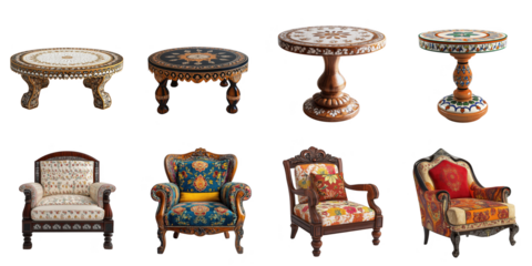 India chair and table png isolated set in 3d transparent using for presentation.