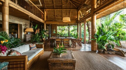 Fototapeta premium Serene Tropical Interior with Bamboo Decor and Lush Greenery