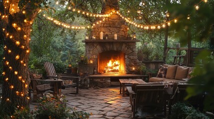 Obraz premium Cozy Outdoor Living Space with Fireplace and Twinkling Lights