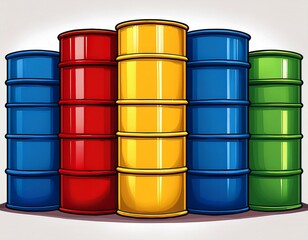 colorful industrial oil barrels in a stylized vector illustration with blue red yellow and green barrels for energy and storage themes
