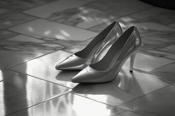 Elegant silver high heels placed on a polished floor in a bright retail space