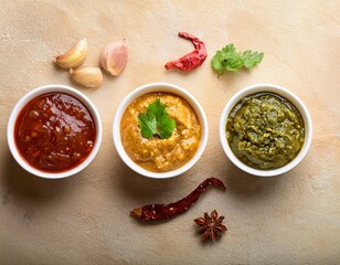 a top view of indian traditional food featuring three chutney sweet date tamarind cilantro mint and red chili garlic beautifully presented on a beige stone background perfect for chaat and sev puri