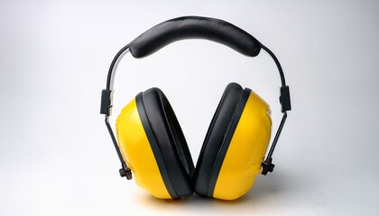 yellow noise cancelling earmuffs for protecting hearing while working on a clear or white background