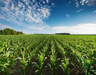 vibrant green cornfield with symmetrical rows under a bright blue sky and fluffy clouds symbolizing agriculture and farming