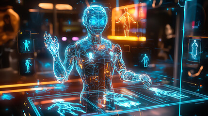 A glowing robotic storyteller bringing characters to life in vivid, hyper-detailed holographic sequences with radiant visuals.