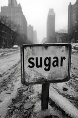 Close-up of a weathered road sign with the word "sugar" amidst a blurred cityscape background on a foggy day, creating an intriguing and mysterious urban atmosphere