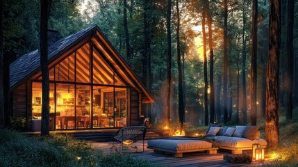 Naklejka premium Cozy Cabin Retreat in Serene Forest Setting at Golden Hour