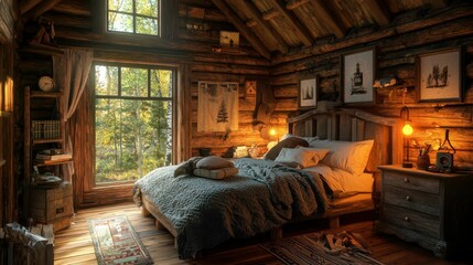 Cozy Cabin Bedroom with Rustic Decor and Natural Light Streaming
