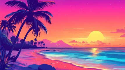 vibrant tropical beach during sunset with colorful sky and palm trees. summer vacation theme. perfect for travel brochures, greeting cards, posters.
