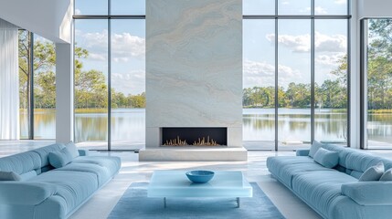A minimalist living room in a new Florida home with a fireplace
