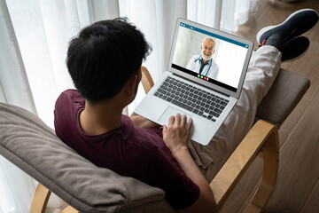 Doctor video call online by modish telemedicine software application for virtual meeting with patient