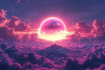 World within worlds - the moon serves as a portal rift to another dimension in time and space, surrounded by turbulent ocean waves and surreal clouds. Fantasy unreal sci-fi seascape digital