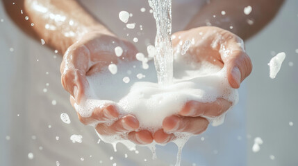 Fototapeta premium Close-up of Hands Pouring Liquid Soap or Foam on a White Shell Background