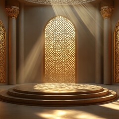 A traditional Eastern Ramadan podium with geometric gold patterns, bathed in soft, warm light