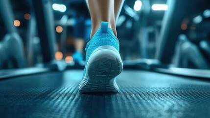 Cardio workout, close-up of feet on a treadmill, gym equipment visible
