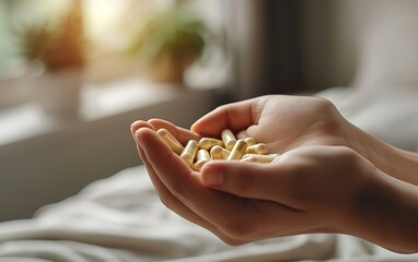 Closeup of hands holding pills. Copy space, bokeh, defocused background. Sustainable health pragmatism concept. Sensible practicality, straightforward adaptable everyday self care routine