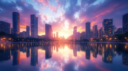 Fototapeta premium City skyline at dusk, close-up of glowing buildings and vibrant sky, soft reflections