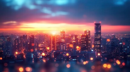 Fototapeta premium City skyline at dusk, close-up of glowing buildings and vibrant sky, soft reflections