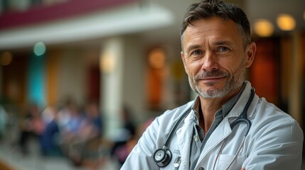 Obraz premium Middle-aged male doctor in a white coat with a stethoscope, standing confidently in a hospital setting, surrounded by blurred figures in the background