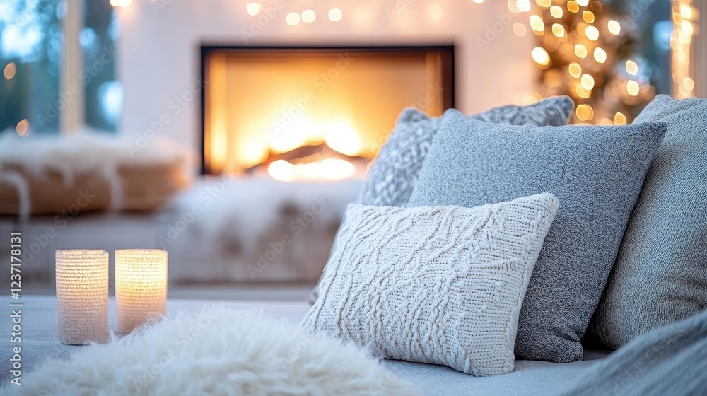 Wall mural Cozy living room setup, close-up of pillows and soft lighting, fireplace in background