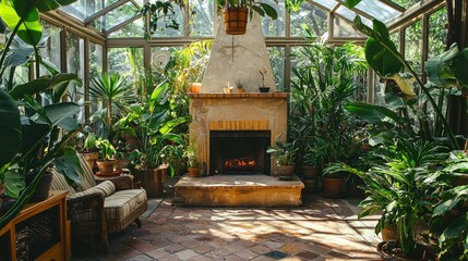 Cozy Sunlit Greenhouse Interior with Abundant Lush Green Plants
