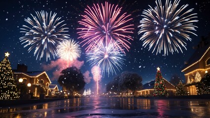 Christmas background filled with twinkling holiday lights and decorated trees.