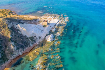 Punta Bianca, near Agrigento in Sicily Italy. Beach with ruins of an stone house on white cliffs. © Zedspider