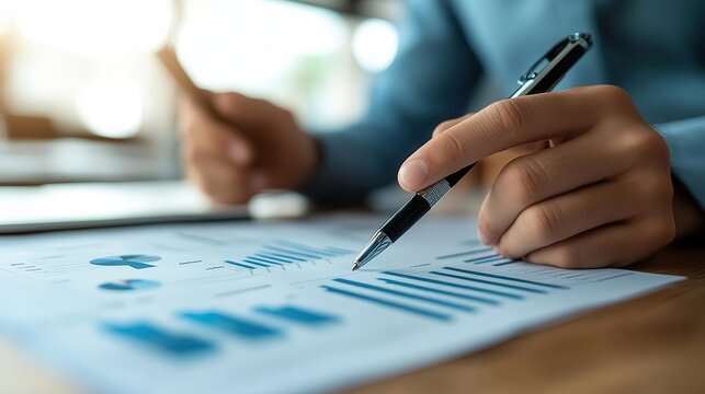 Financial planning, close-up of hands flipping through financial reports and graphs