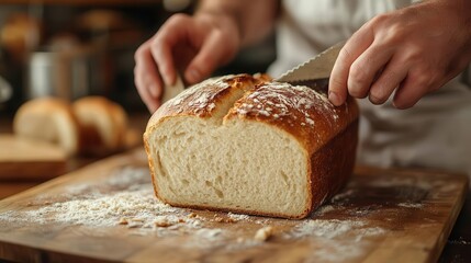 Freshly baked bread, close-up of hands slicing a loaf of bread, rustic kitchen