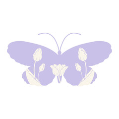 Decorative colorful butterfly with patterns, stamps spring flowers tulips.Vector graphics.