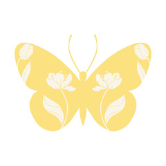 Decorative colorful butterfly with patterns, stamps spring flowers tulips.Vector graphics.