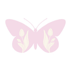Decorative colorful butterfly with patterns, stamps spring flowers tulips.Vector graphics.