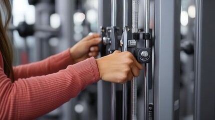 Gym equipment, close-up of hands adjusting weights on a machine, sleek gym design