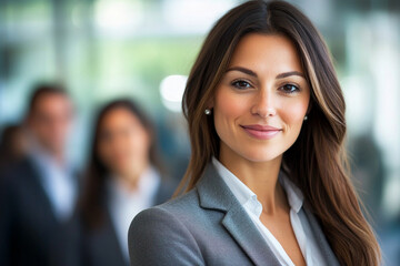 Fototapeta premium Portrait of a confident young woman in a business suit smiling in an office environment, representing professionalism, leadership, and success in a corporate setting.