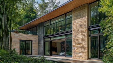 A modern house with a sandstone facade and large panoramic windows, set against the backdrop of lush emerald bamboo groves