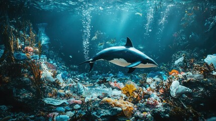 Fototapeta premium Shark Swimming Through Pollution in Ocean with Plastic Waste