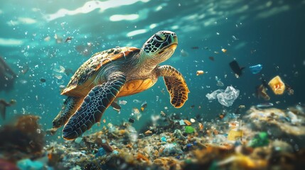 Obraz premium Sea Turtle Swimming Through Polluted Ocean Environment