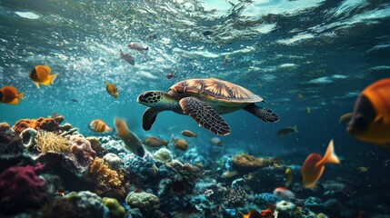 Fototapeta premium Colorful Coral Reef Ecosystem with Turtle and Tropical Fish