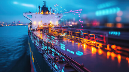 Obraz premium Petroleum Bunkering Operation on a Large Oil Tanker, Accompanied by a Digital Display in the Background Illustrating Energy Market Fluctuations and Their Impact on Global Oil Prices