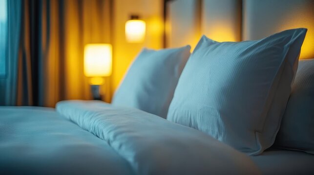 Luxury hotel room, close-up of plush bedding and elegant decor, warm lighting