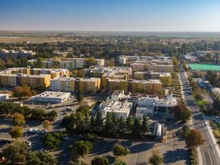 Aerial view of a UC Davis campus with apartment buildings, roads, and parking lots. Sunny day,...