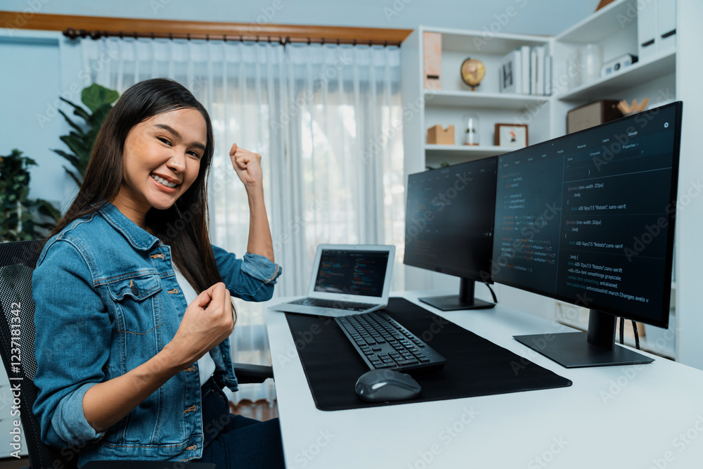 Poster young asian it developer creating raising fist up with successful information on pc with coding prog