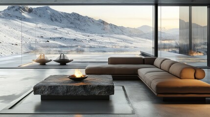 A modern living room with expansive windows looking out to a snowy mountain range
