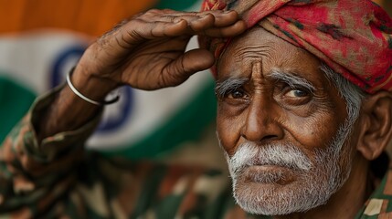 Elderly Indian freedom fighter salutes with pride and respect, honoring the nation and its history