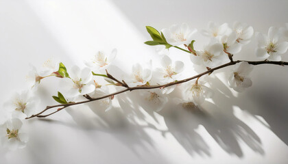 A pure white background with a single blooming branch casting gentle shadows, evoking a calm, serene Easter mood and a sense of natural elegance