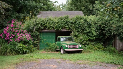 Rustic green truck parked in overgrown garage