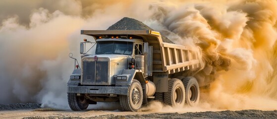 Massive industrial mining truck unloading significant amount of ore at active mining site